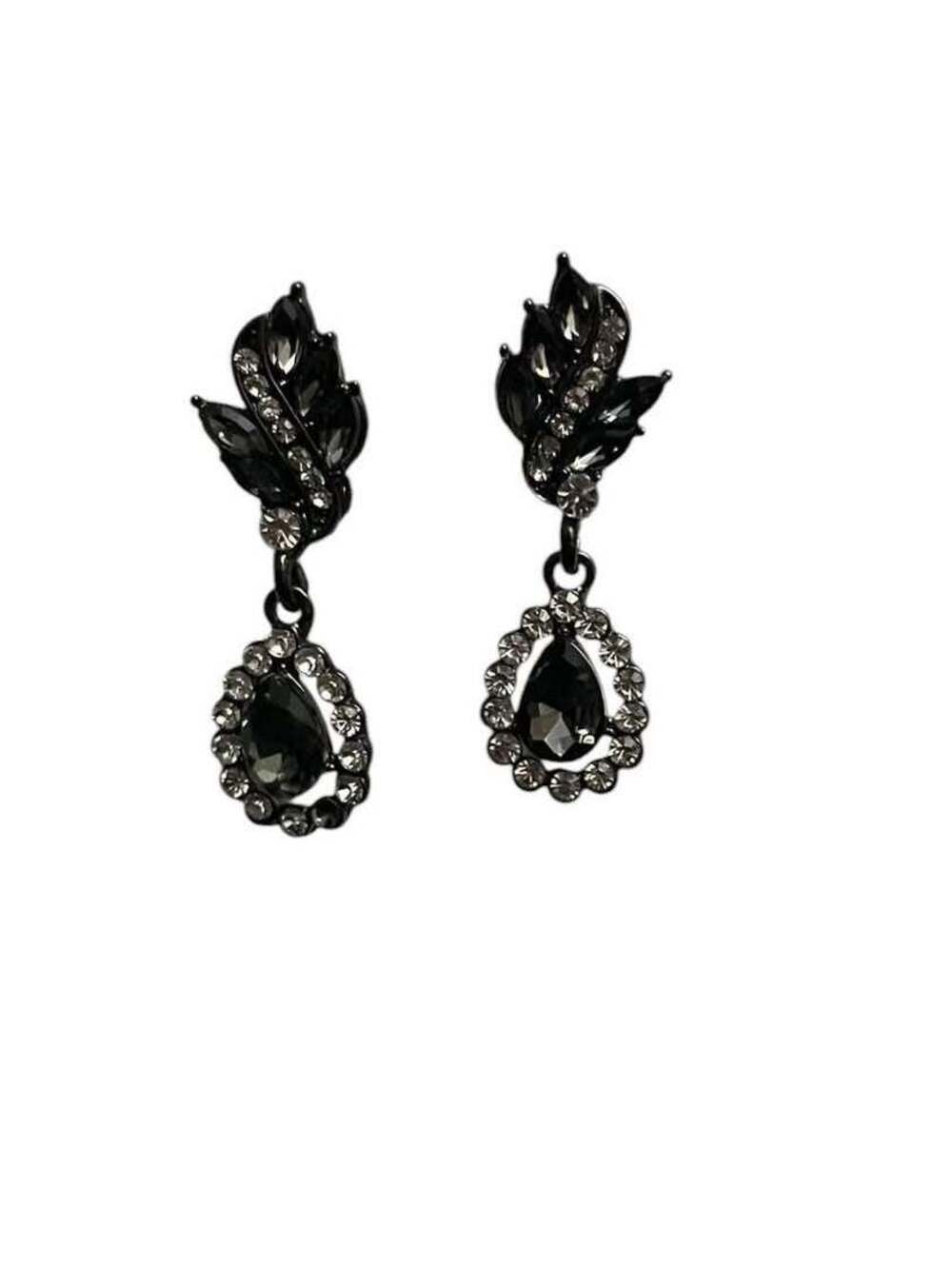Black and Clear Rhinestone Leaf Drop  Clip On Earrings